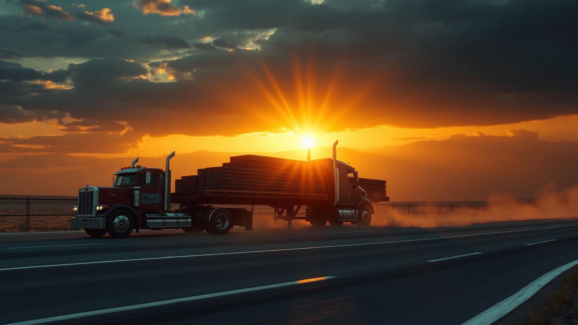 Flatbed truck hauling freight on highway at sunset